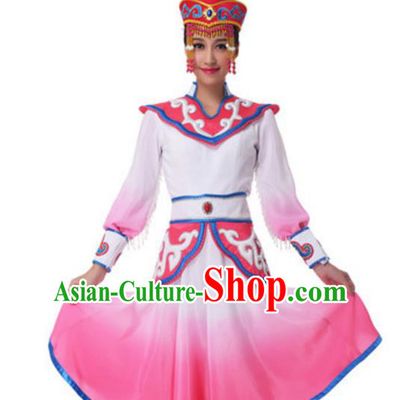 Traditional Chinese Mongol Nationality Princess Pink Dress, China Mongolian Minority Ethnic Dance Costume and Headwear for Women