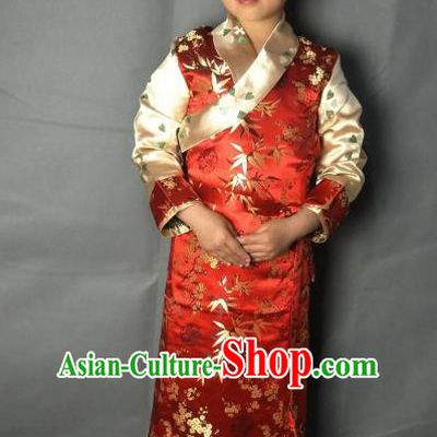 Chinese Traditional Zang Nationality Costume Red Brocade Dress, China Tibetan Ethnic Clothing for Kids