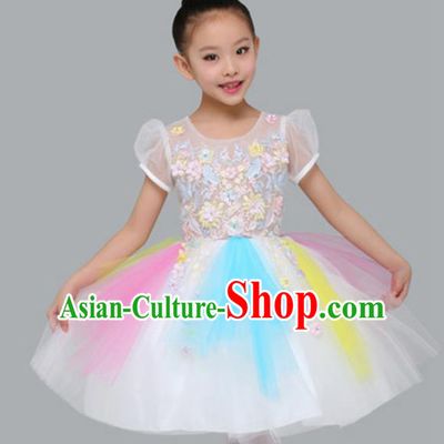 Top Grade Modern Dance White Bubble Dress Stage Performance Chorus Costume for Kids