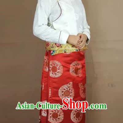 Chinese Traditional Zang Nationality Clothing Red Brocade Bust Skirt, China Tibetan Ethnic Heishui Dance Costume for Women