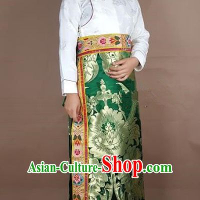 Chinese Traditional Zang Nationality Clothing Green Brocade Bust Skirt, China Tibetan Ethnic Heishui Dance Costume for Women