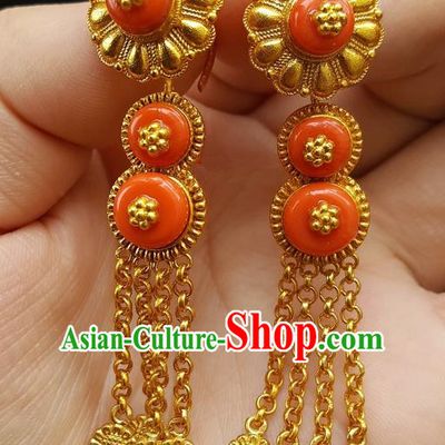 Traditional Chinese Zang Nationality Accessories Earrings, China Tibetan Golden Tassel Eardrop for Women