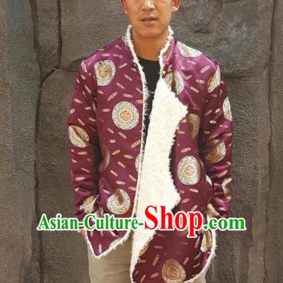 Chinese Traditional Zang Nationality Costume Purple Cotton-padded Jacket, China Tibetan Ethnic Clothing for Men