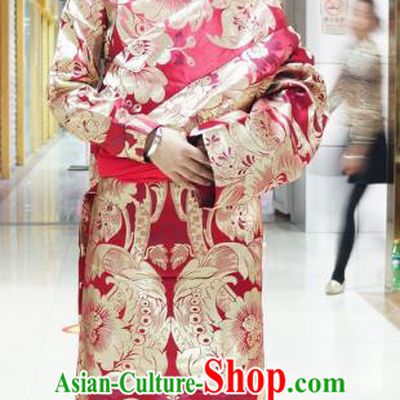 Chinese Traditional Zang Nationality Red Brocade Tibetan Robe, China Tibetan Ethnic Heishui Dance Costume for Women