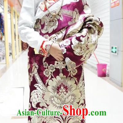 Chinese Traditional Zang Nationality Purple Brocade Tibetan Robe, China Tibetan Ethnic Heishui Dance Costume for Women