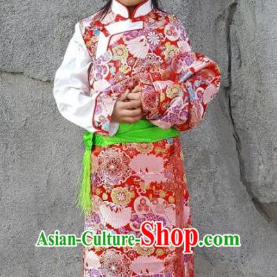Chinese Traditional Zang Nationality Children Costume, China Tibetan Ethnic Red Brocade Dress for Kids