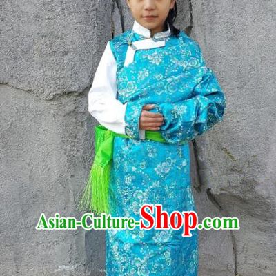 Chinese Traditional Zang Nationality Children Costume, China Tibetan Ethnic Blue Brocade Dress for Kids