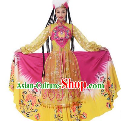 Chinese Traditional Uyghur Nationality Yellow Dress, China Uigurian Minority Ethnic Dance Costume and Headpiece for Women