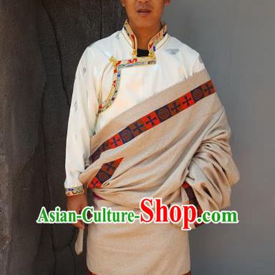 Chinese Traditional Zang Nationality Male Beige Costume, China Tibetan Heishui Dance Ethnic Clothing for Men