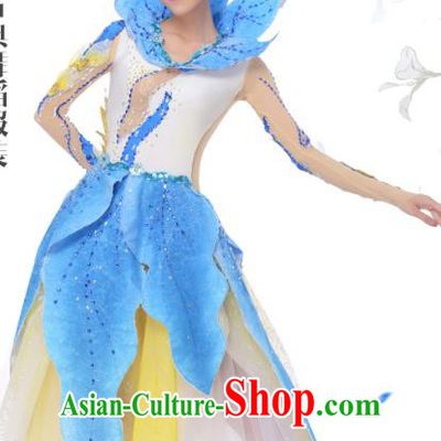 Top Grade Chinese Classical Dance Blue Dress Stage Performance Lotus Dance Costume for Women