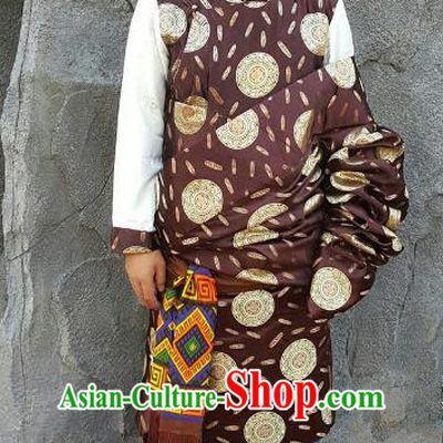 Chinese Traditional Zang Nationality Costume Brown Brocade Tibetan Robe, China Tibetan Ethnic Clothing for Men