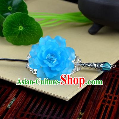 Chinese Traditional Ancient Hair Accessories Hanfu Hairpins Light Blue Peony Hairdo Crown Headwear for Women