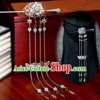 Chinese Traditional Ancient Hair Accessories Hanfu Butterfly Tassel Hairpins Blue Beads Hairdo Crown Headwear for Women
