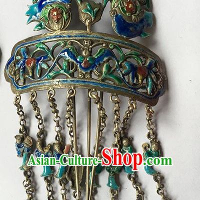 Chinese Traditional Ancient Blueing Carving Tassel Hair Clip Hanfu Hairpins Hair Accessories for Women