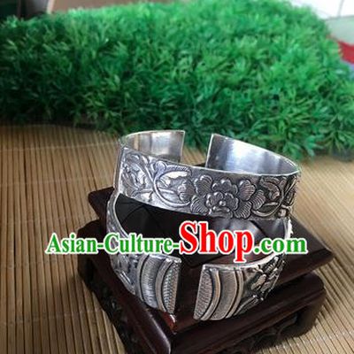 Handmade Chinese Miao Nationality Carving Peony Sliver Bracelet Traditional Hmong Bangle for Women