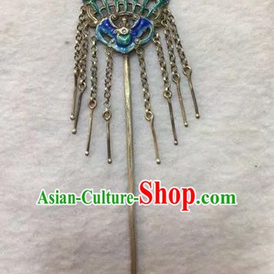 Chinese Traditional Ancient Bride Tassel Hair Clip Hanfu Blueing Bat Hairpins Hair Accessories for Women