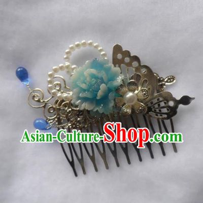 Chinese Traditional Hair Accessories Ancient Bride Hairpins Blue Peony Hair Comb for Women