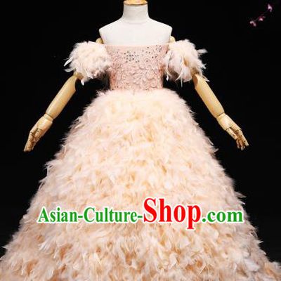 Children Modern Dance Costume Stage Piano Performance Trailing Feather Dress for Kids