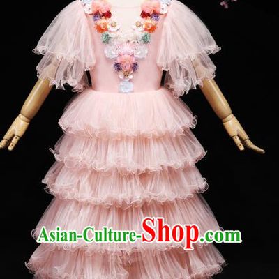 Children Modern Dance Costume Stage Piano Performance Pink Veil Dress for Kids