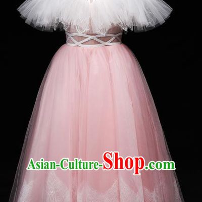 Children Modern Dance Costume Compere Full Dress Stage Piano Performance Pink Veil Dress for Kids