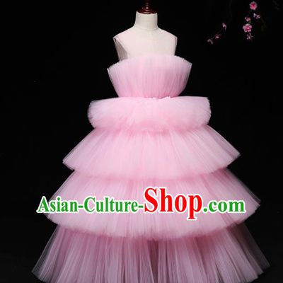 Children Modern Dance Costume Compere Full Dress Stage Piano Performance Pink Veil Bubble Dress for Kids