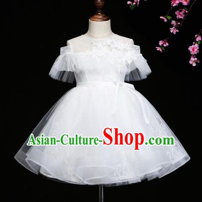 Children Modern Dance Costume Compere White Bubble Full Dress Stage Piano Performance Dress for Kids