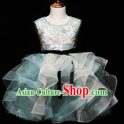 Children Modern Dance Costume Compere Green Full Dress Stage Piano Performance Princess Dress for Kids