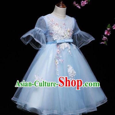 Children Modern Dance Costume Compere Blue Veil Full Dress Stage Piano Performance Princess Dress for Kids