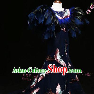 Children Modern Dance Costume Compere Feather Trailing Full Dress Stage Piano Performance Princess Dress for Kids