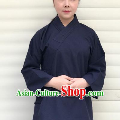 Chinese Traditional Martial Arts Taoist Nun Costumes Tai Chi Kung Fu Navy Shirt for Women