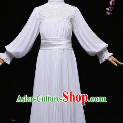 Children Modern Dance Costume Compere Full Dress Stage Piano Performance Princess White Dress for Kids