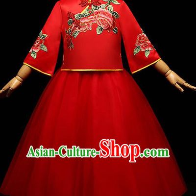 Children Modern Dance Costume Compere Full Dress Stage Performance Chorus Red Dress for Kids