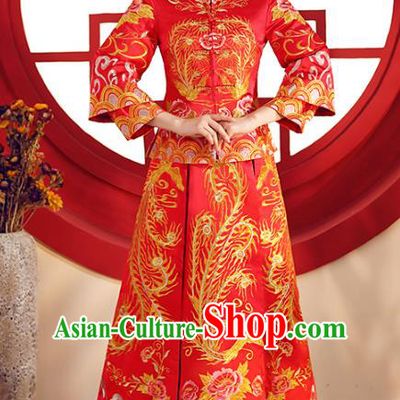 Top Grade Chinese Traditional Wedding Costumes Embroidered Phoenix Red Xiuhe Suits Bride Dress for Women