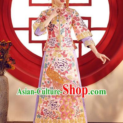 Top Grade Chinese Traditional Wedding Costumes Embroidered Purple Xiuhe Suits Bride Toast Dress for Women