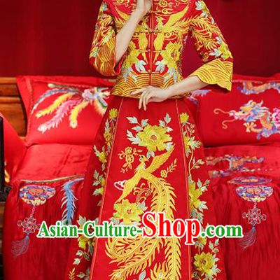 Top Grade Chinese Traditional Wedding Costumes Embroidered Phoenix Peony Xiuhe Suits Bride Toast Red Dress for Women