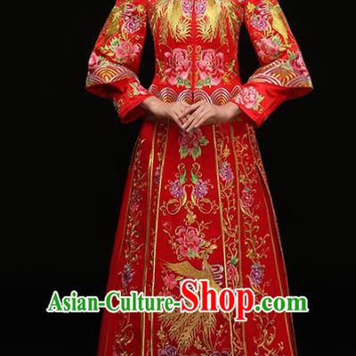 Chinese Traditional Wedding Costumes Top Grade Longfeng Flown Bride Embroidered Phoenix Trailing Xiuhe Suits for Women