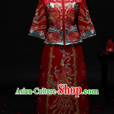 Chinese Traditional Embroidered Phoenix Wedding Costumes Ancient Diamante Longfeng Flown Bride Xiuhe Suits for Women