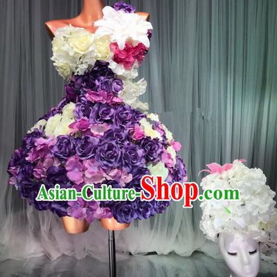 Top Grade Stage Performance Costume Models Catwalks Purple Flowers Fairy Dance Dress and Headwear for Women