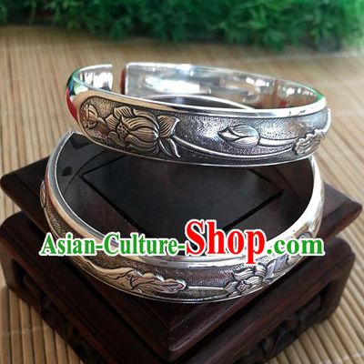 Handmade Chinese Miao Nationality Craft Carving Lotus Leaf Sliver Bracelet Traditional Hmong Bangle for Women