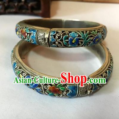 Handmade Chinese Miao Nationality Sliver Bracelet Traditional Hmong Carving Blueing Bangle for Women