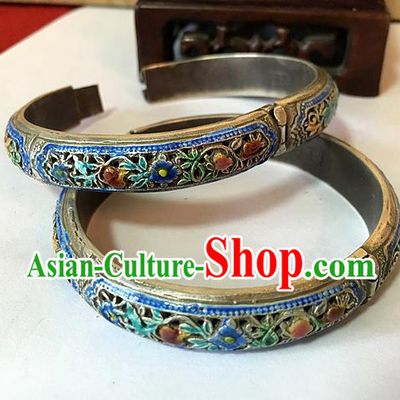 Handmade Chinese Miao Nationality Sliver Retro Bracelet Traditional Hmong Blueing Bangle for Women