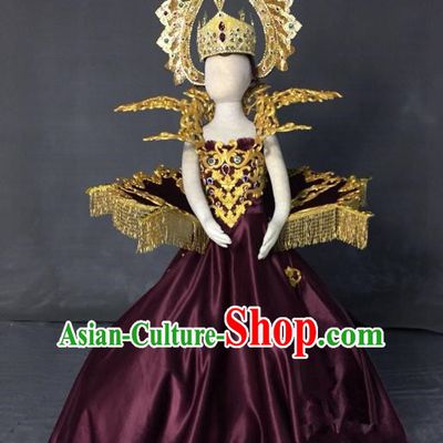 Top Grade Models Catwalks Costume Compere Purple Full Dress Stage Performance Clothing for Kids