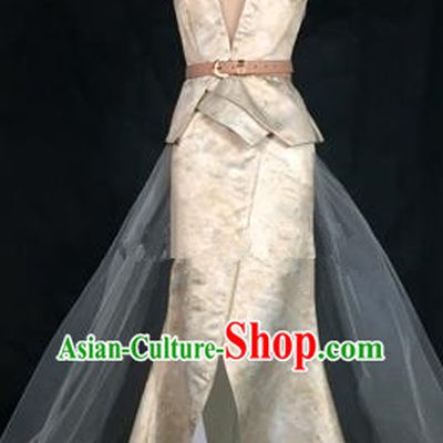 Top Grade Models Catwalks Costume Golden Full Dress Stage Performance Compere Clothing for Women