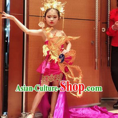 Children Models Show Costume Chinese Stage Performance Catwalks Clothing and Headpiece for Kids