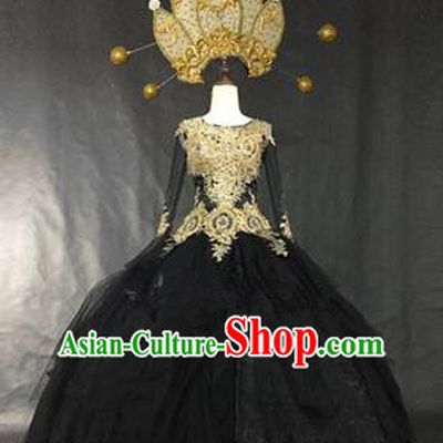Top Grade Models Show Palace Costume Cosplay Queen Black Full Dress Stage Performance Compere Clothing for Women