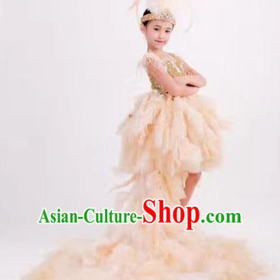 Children Models Show Costume Stage Performance Modern Dance Catwalks White Feather Trailing Dress for Kids