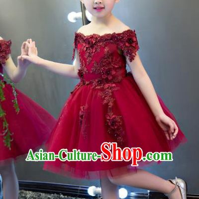Children Models Show Costume Stage Performance Catwalks Wine Red Veil Dress for Kids