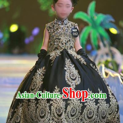 Children Models Show Costume Stage Performance Modern Dance Compere Black Veil Dress for Kids