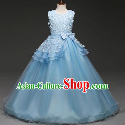 Children Models Show Costume Stage Performance Catwalks Compere Princess Blue Dress for Kids