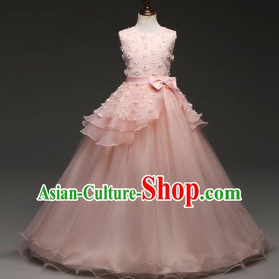 Children Models Show Costume Stage Performance Catwalks Compere Princess Pink Bubble Dress for Kids